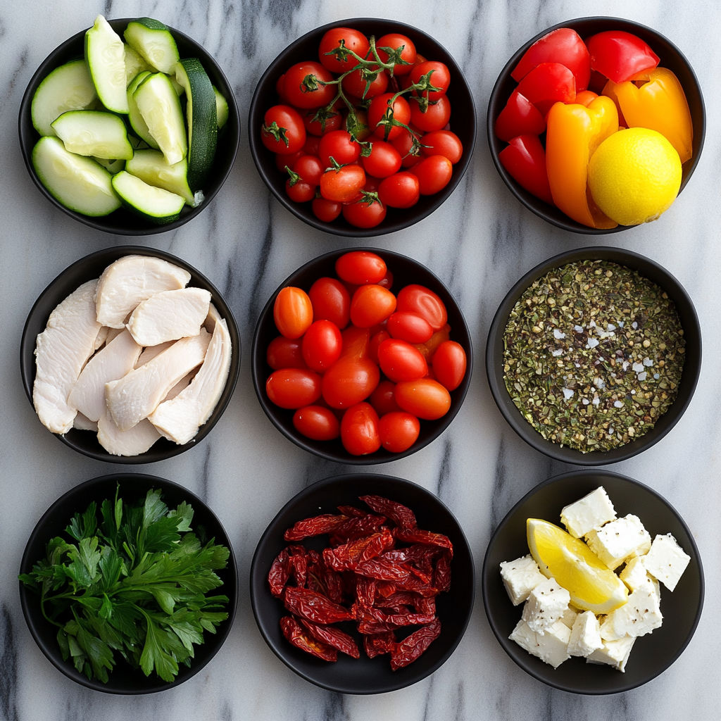 A variety of foods in bowls, including tomatoes, cucumbers, and lemons.