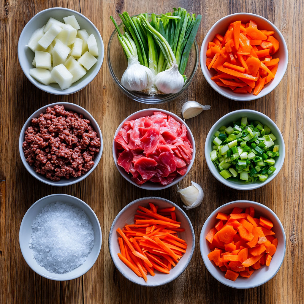 A table with a variety of foods including carrots, onions, and meat.