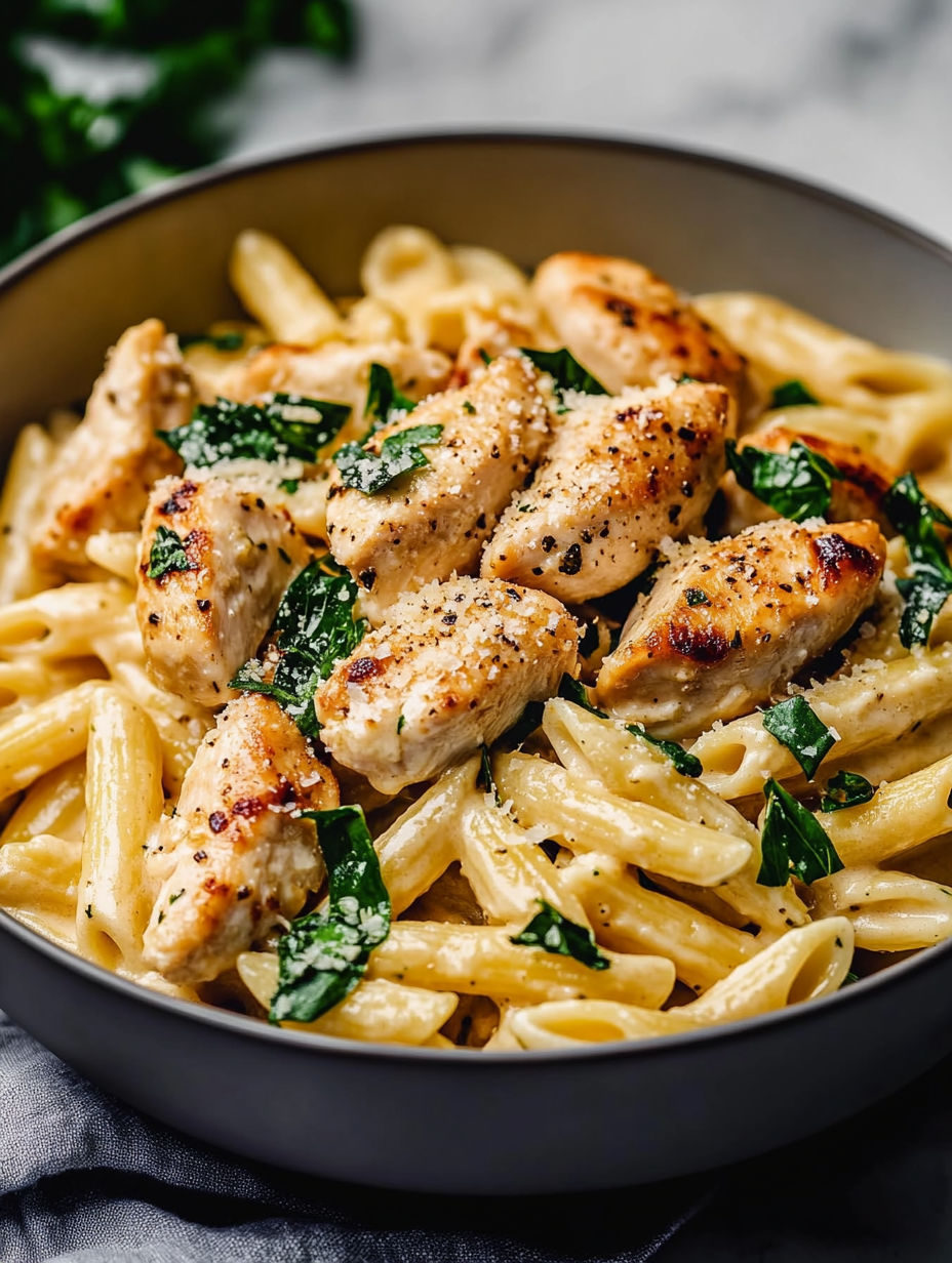 A bowl of pasta with chicken and spinach.