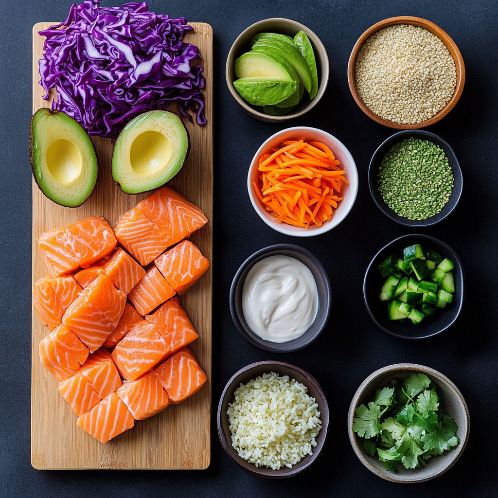 A wooden cutting board with various food items on it.