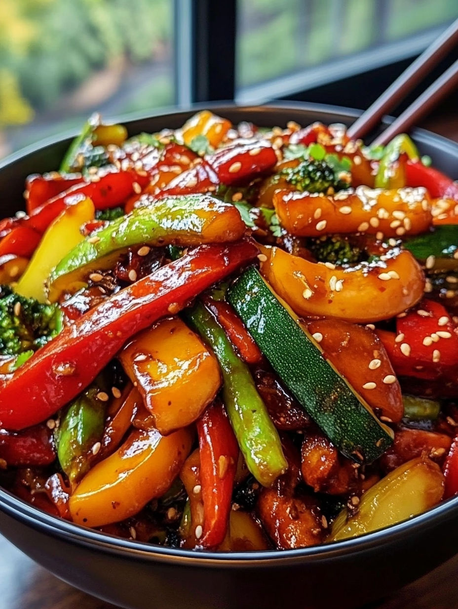 A bowl of stir fry with a variety of vegetables and meat.