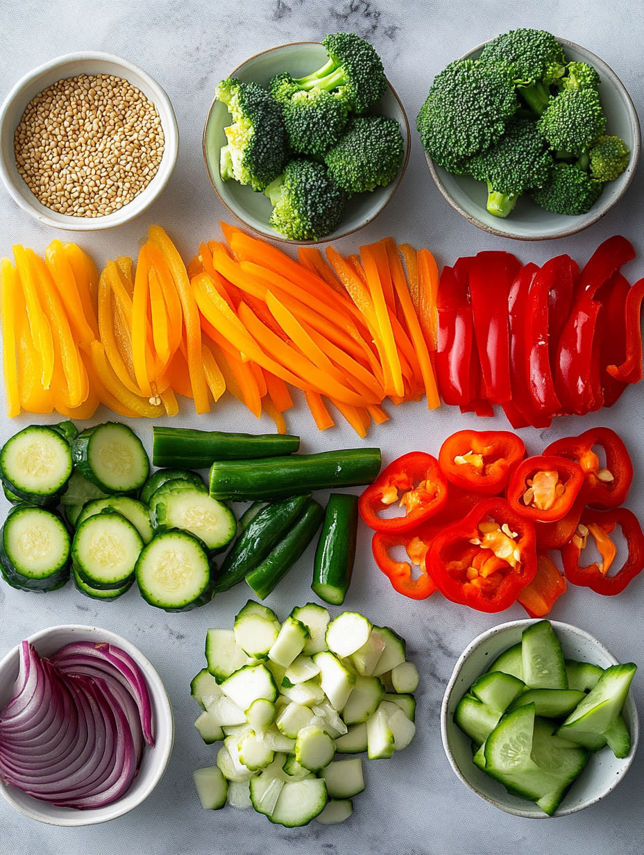 A variety of vegetables are displayed on a table.