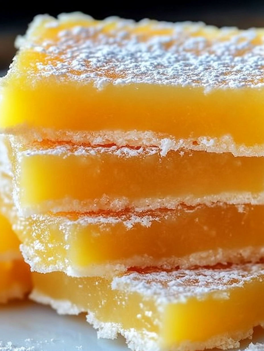 A stack of yellow cake with white powder on top.