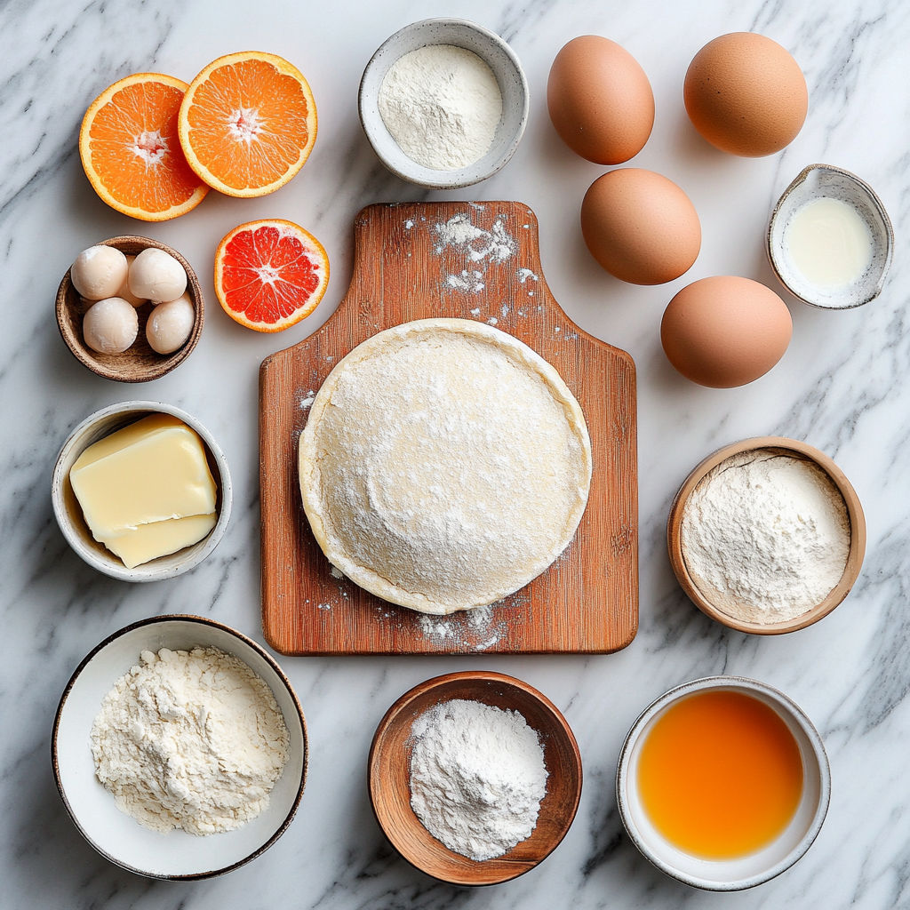 A variety of foods are displayed on a table, including eggs, butter, and oranges.