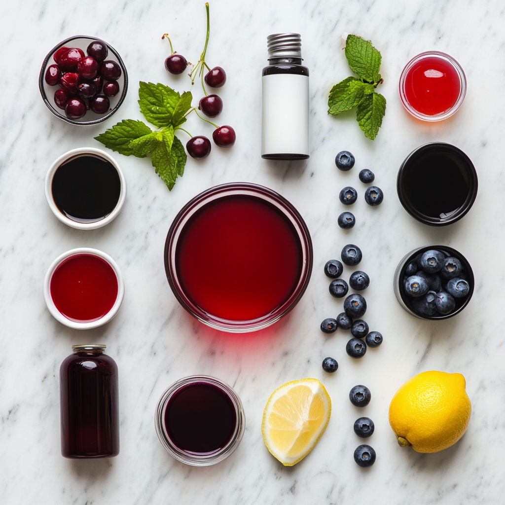 A variety of fruits and drinks are displayed on a table.