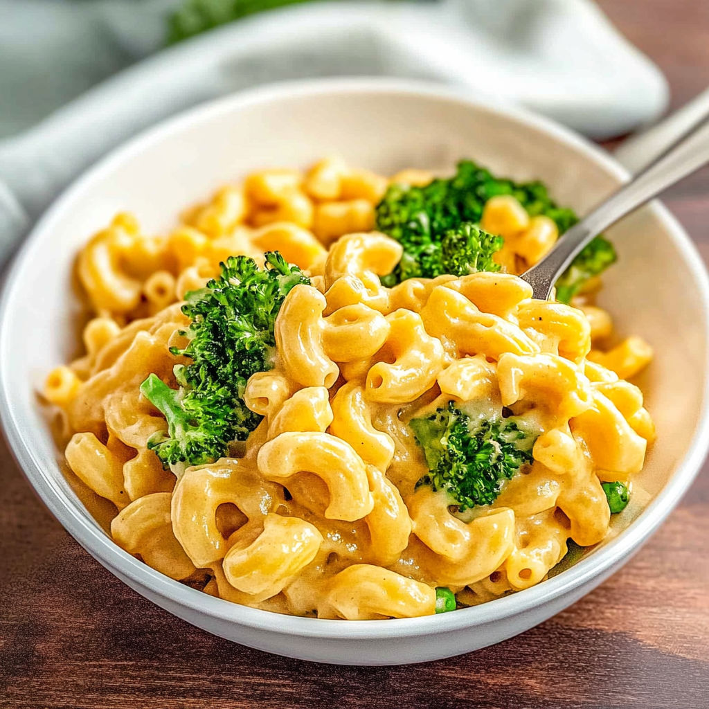 A bowl of macaroni and cheese with broccoli on top.
