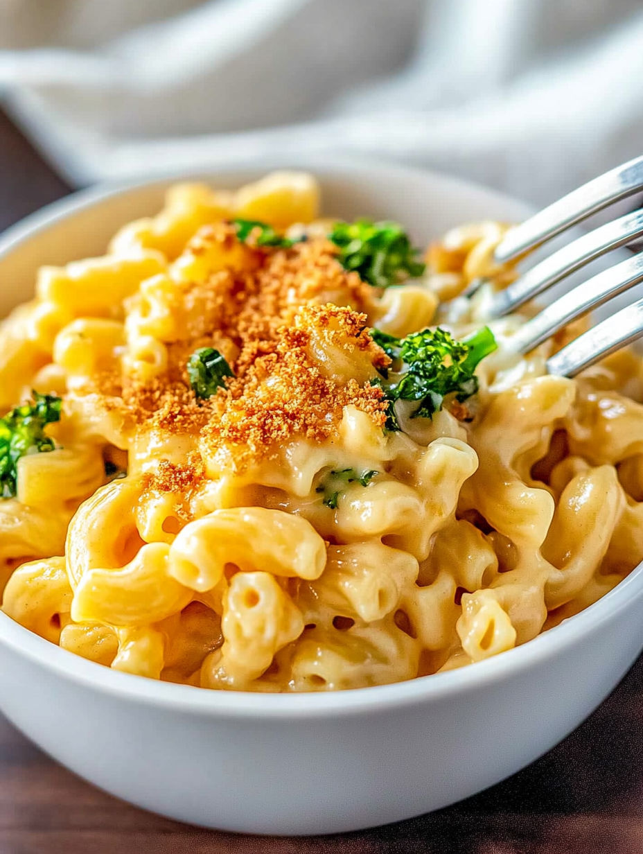 A bowl of macaroni and cheese with a fork.