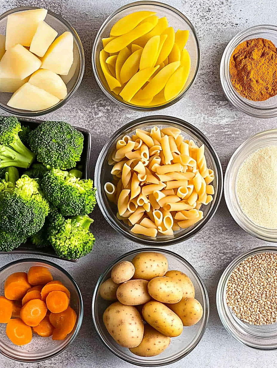A variety of foods are displayed in a row, including pasta, potatoes, and broccoli.