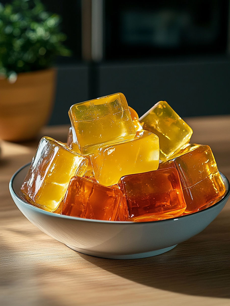 A bowl of yellow cubes.