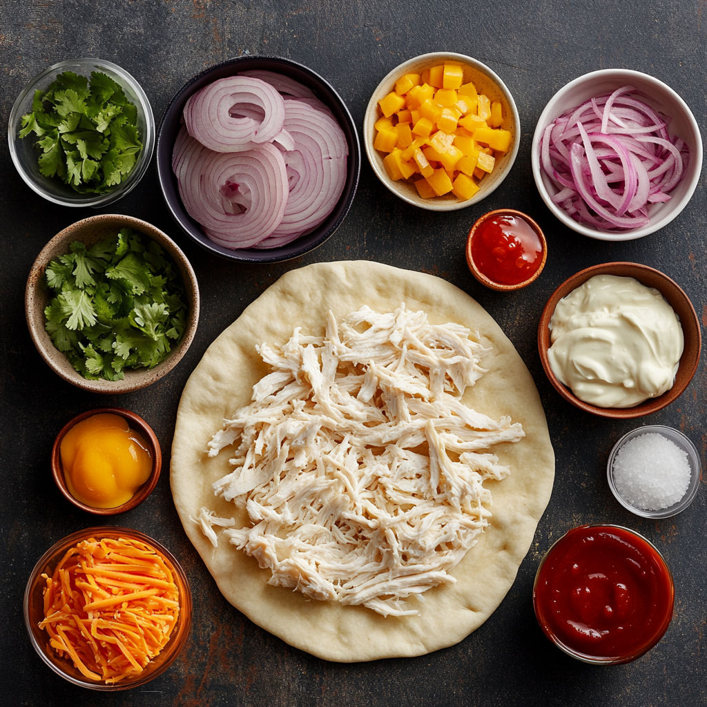 A variety of foods are displayed on a table, including a pizza with chicken and vegetables.