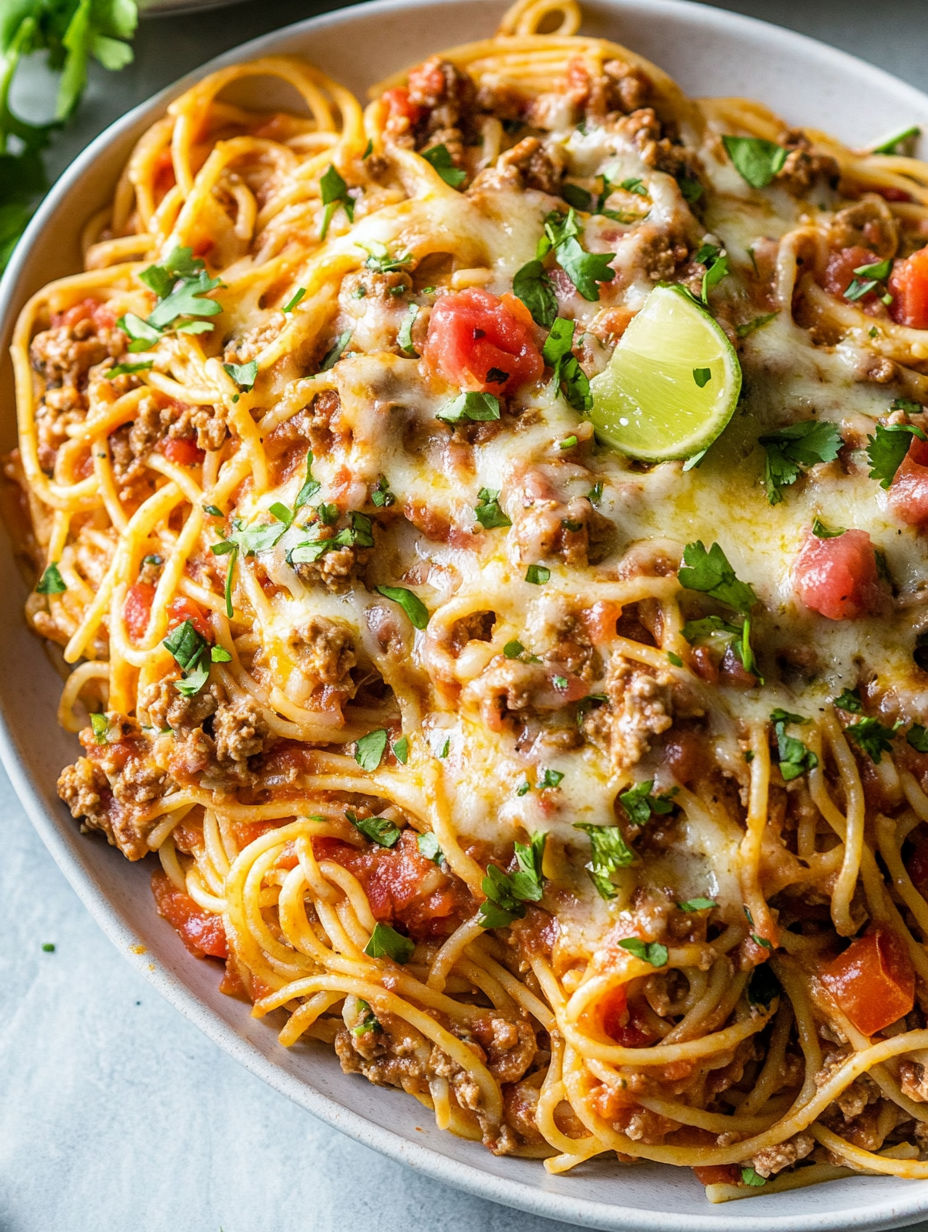 A bowl of spaghetti with meat and tomatoes.