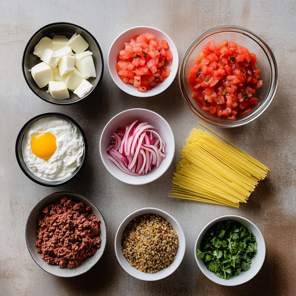 A table with bowls of food, including pasta, tomatoes, onions, and meat.