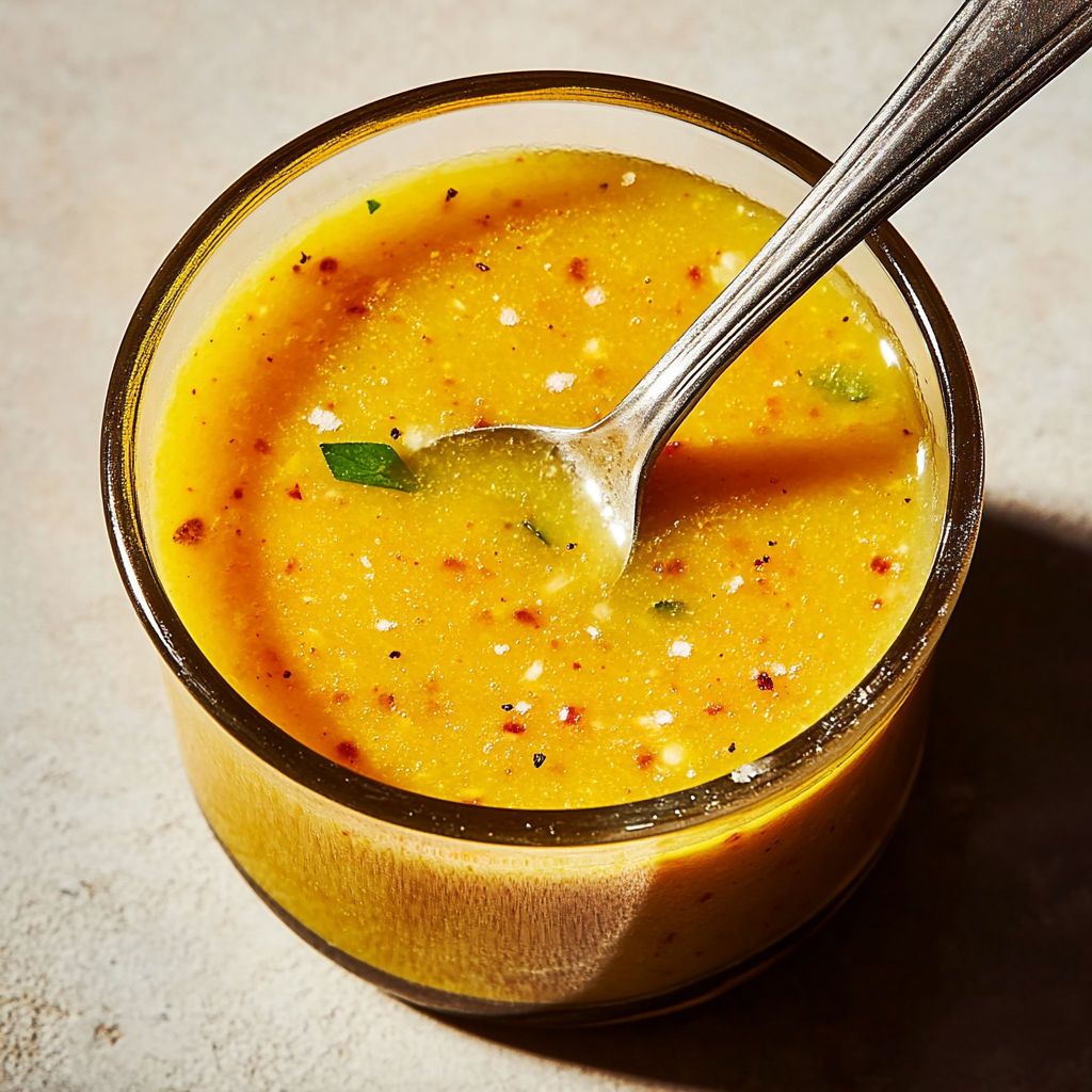 A bowl of soup with a spoon in it.
