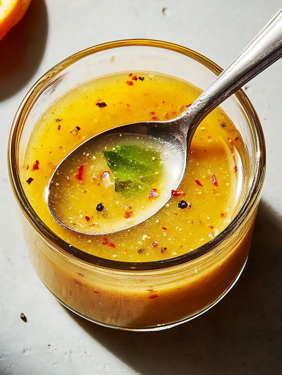 A spoon in a glass of soup.