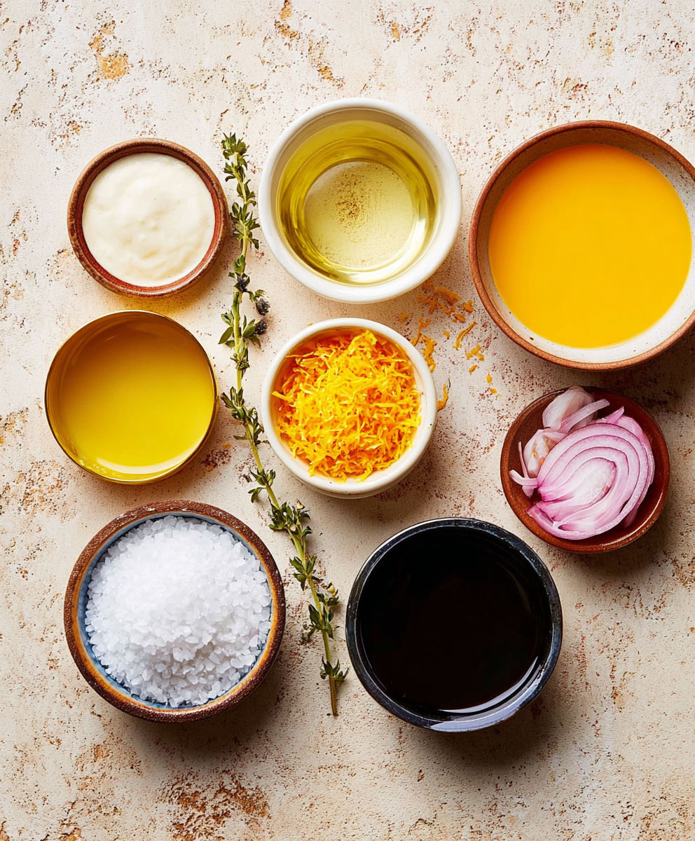 A variety of foods are displayed on a table, including a bowl of onions, a bowl of yellow sauce, and a bowl of orange sauce.