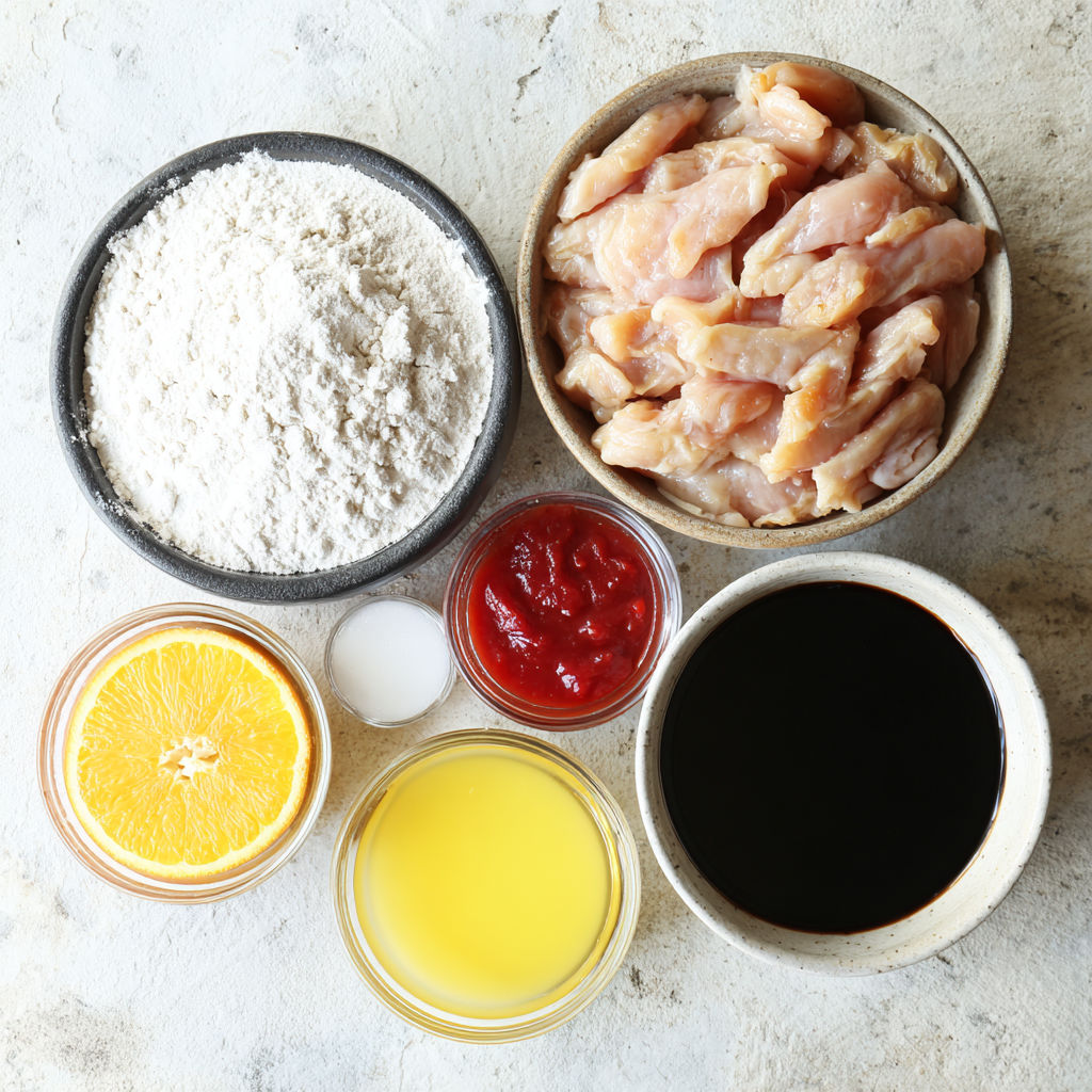 A bowl of chicken with a bowl of sauce and a bowl of flour.