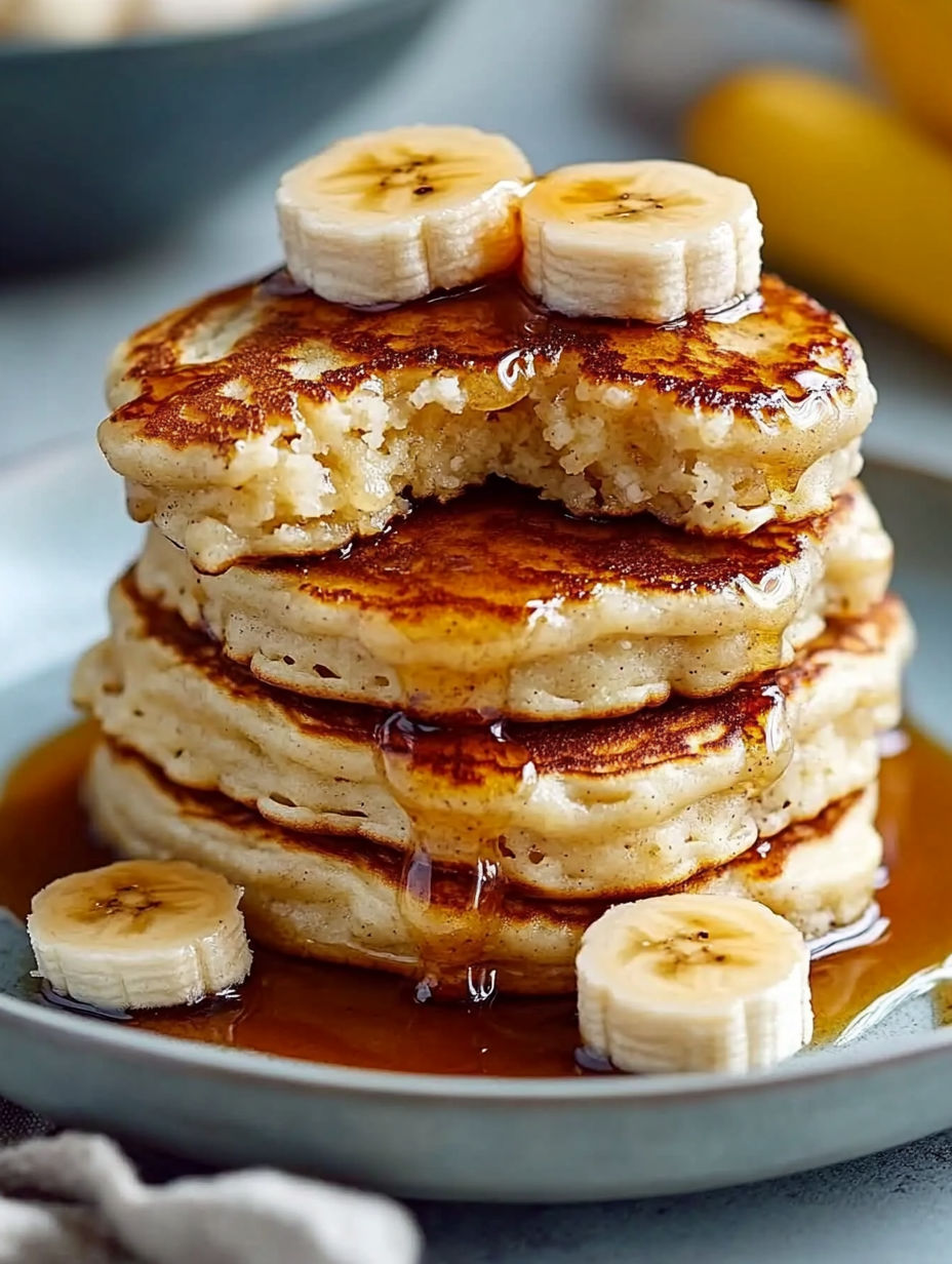 A stack of pancakes with bananas on top.