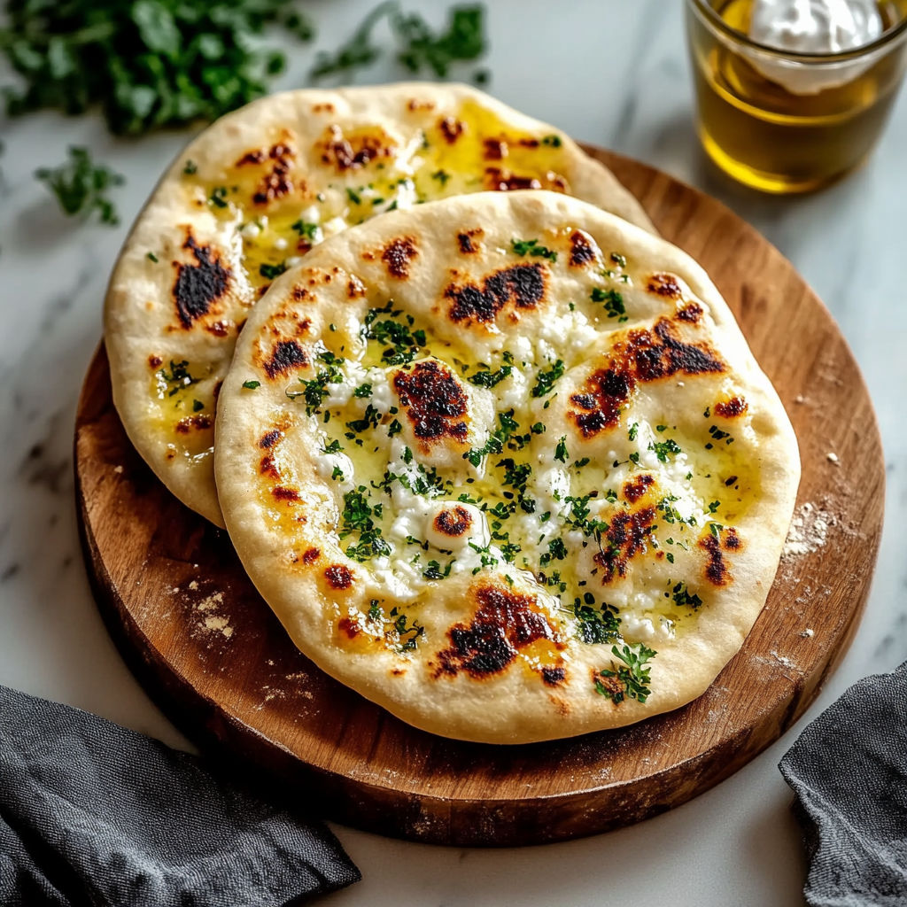 Two pizzas with cheese and herbs on a wooden board.