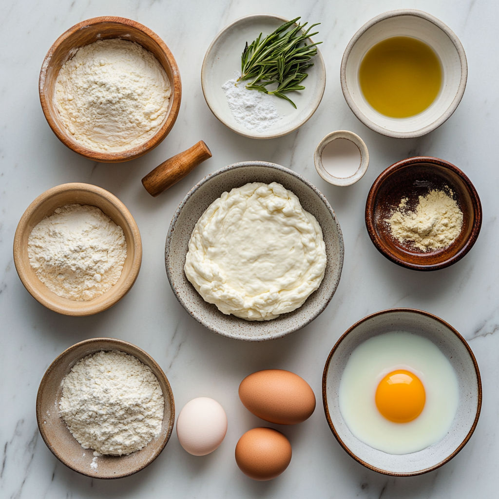 A variety of ingredients for making a cake.
