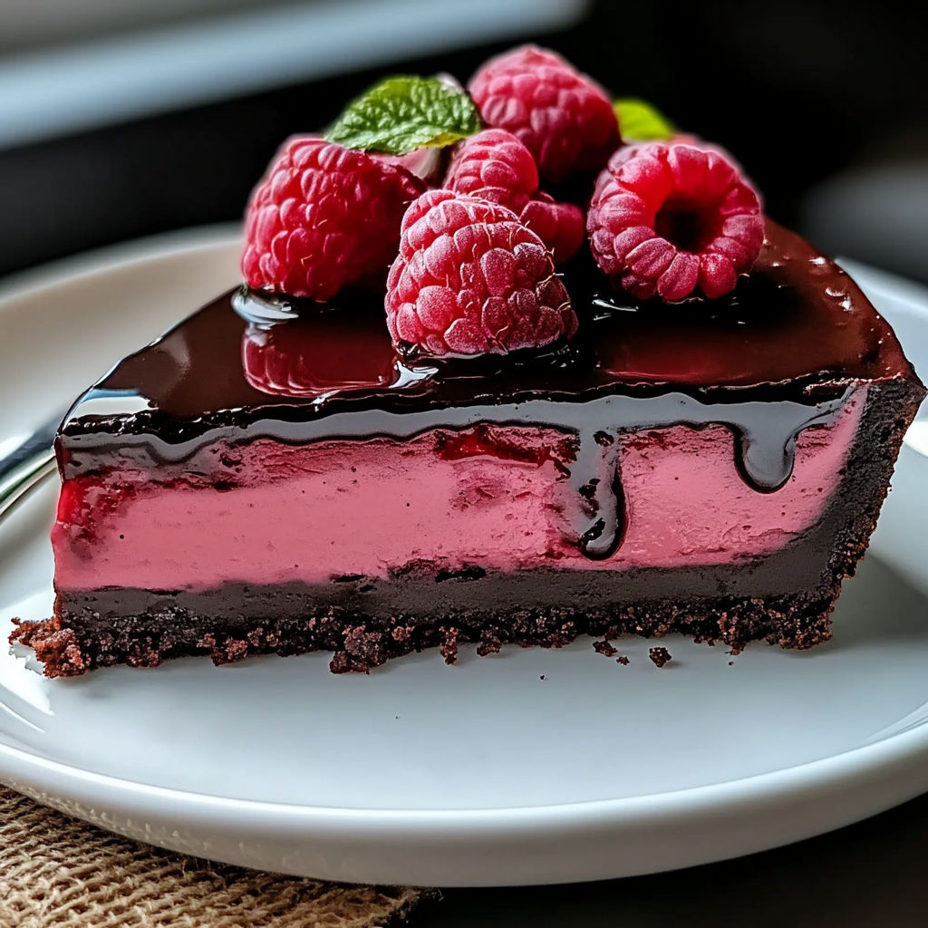 A slice of chocolate cake with raspberries on top.