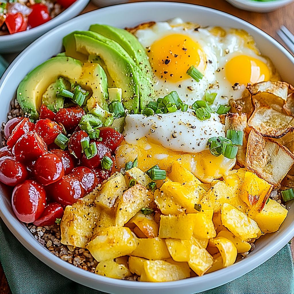 A bowl of food with eggs, avocado, and other ingredients.