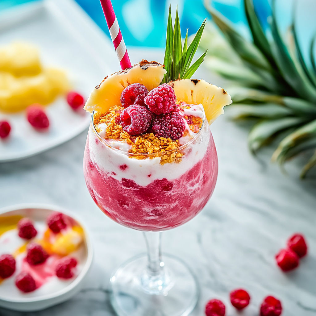 A glass of fruit with raspberries and pineapple.