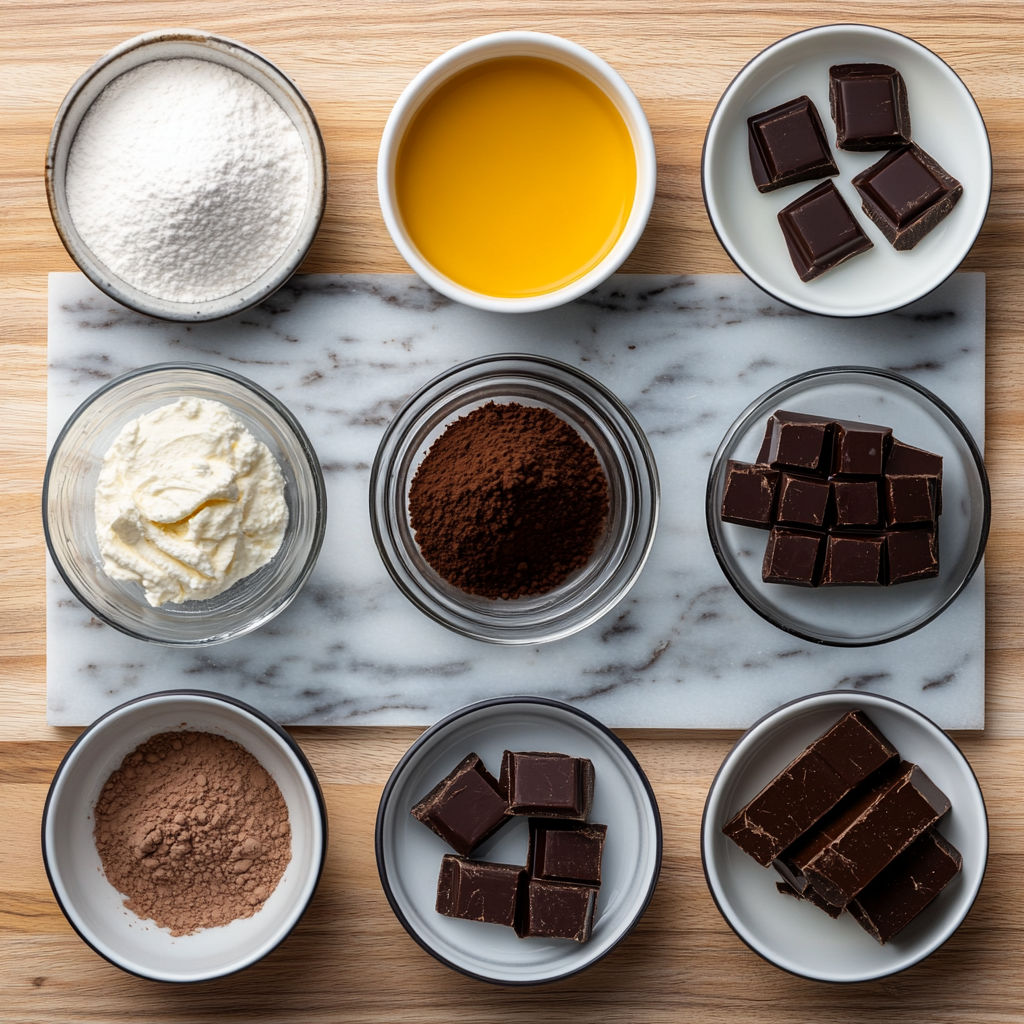 A table with various ingredients for making chocolate.