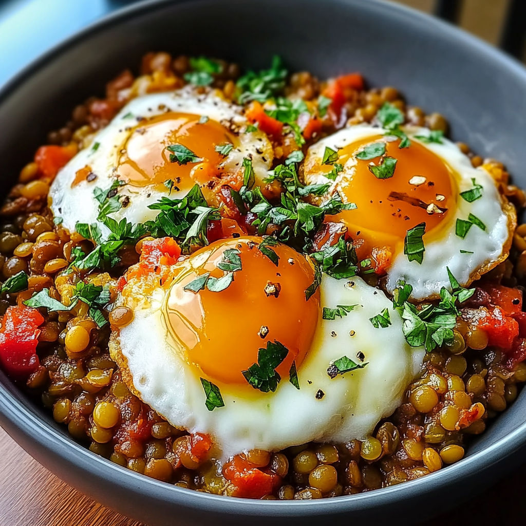 A bowl of food with eggs on top.
