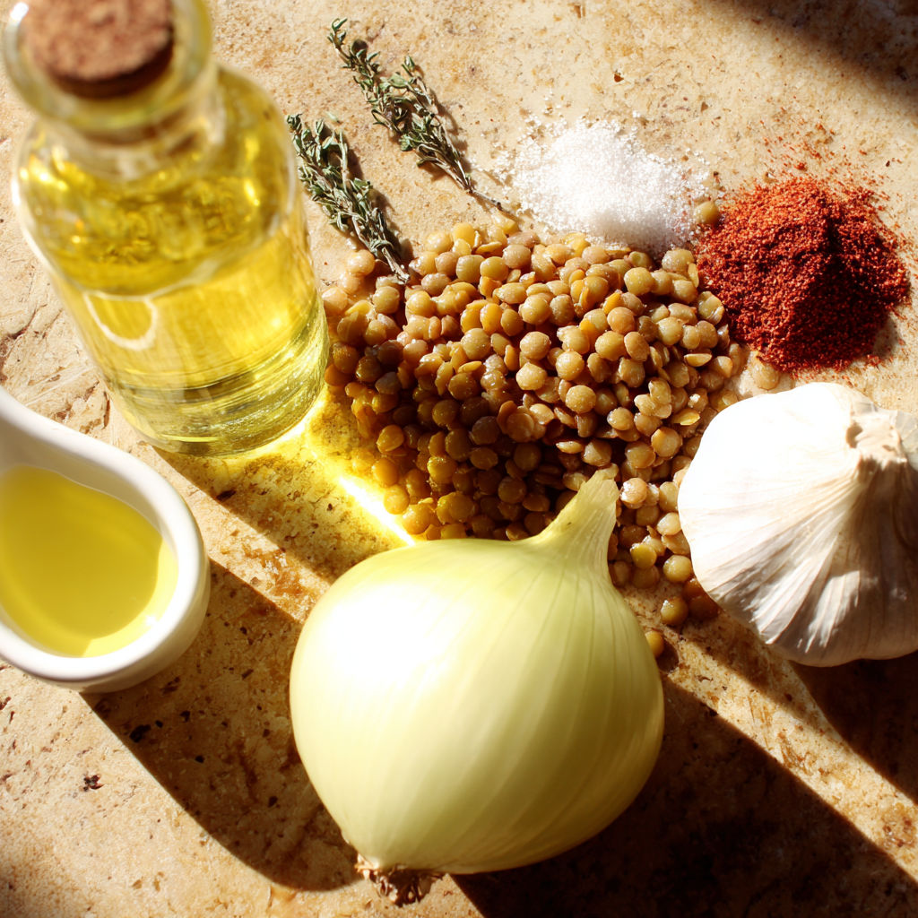 A bottle of oil, a garlic bulb, and some beans are on a table.