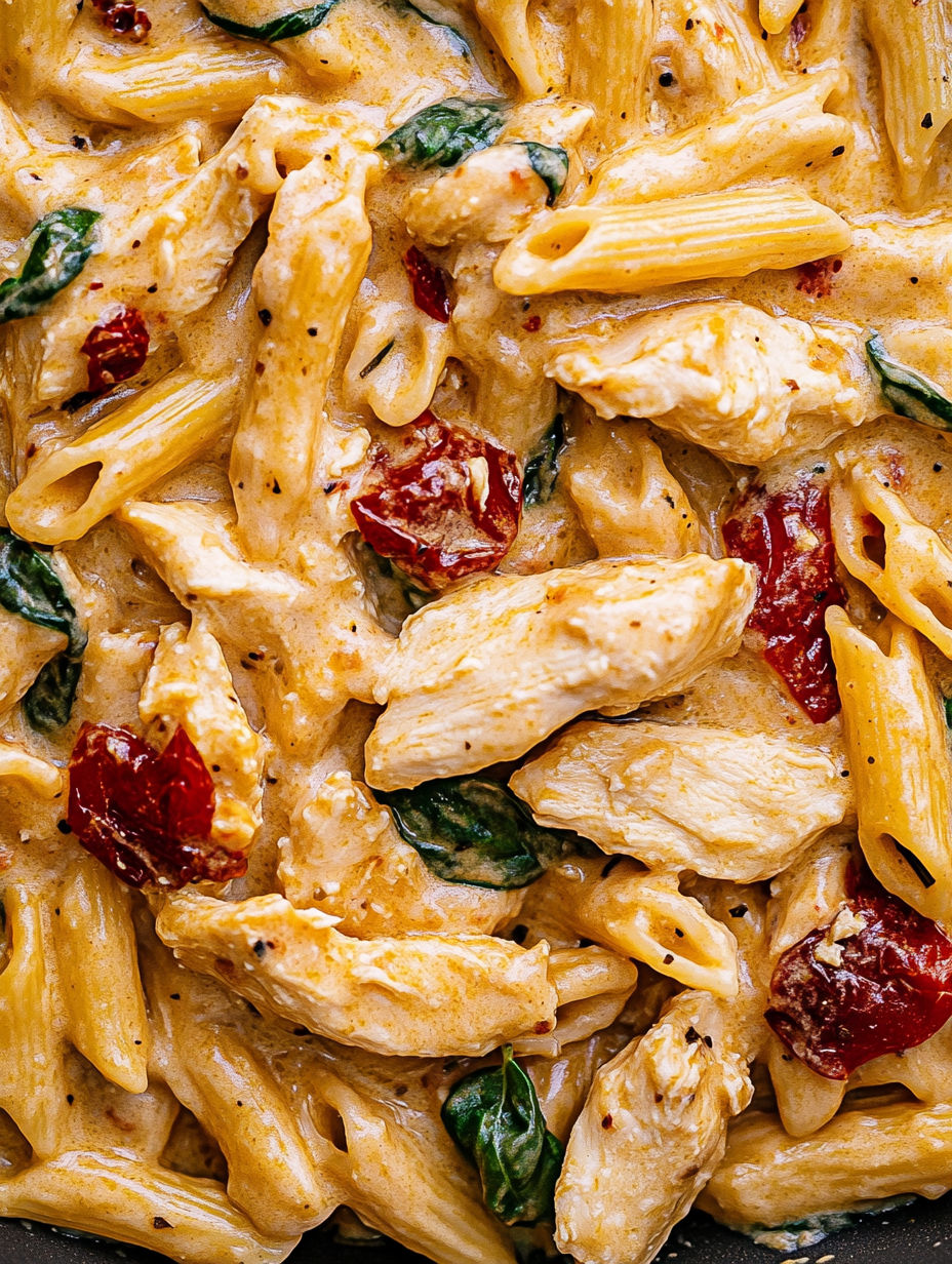 A plate of pasta with chicken and tomatoes.
