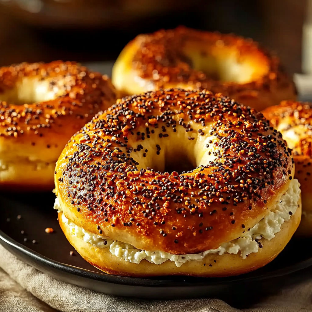 A plate of bagels with cream cheese.