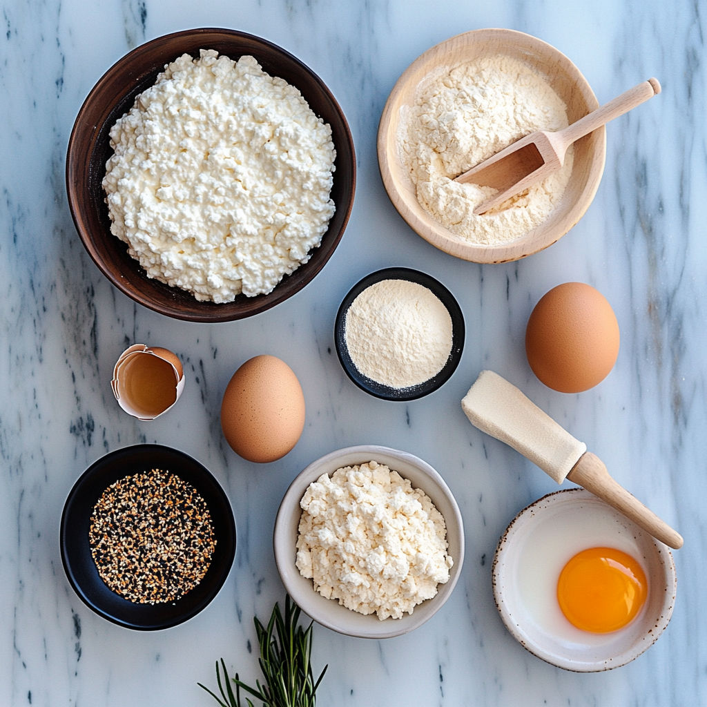 A bowl of flour and eggs on a counter.