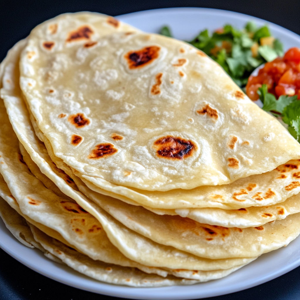 A stack of tortillas on a plate.