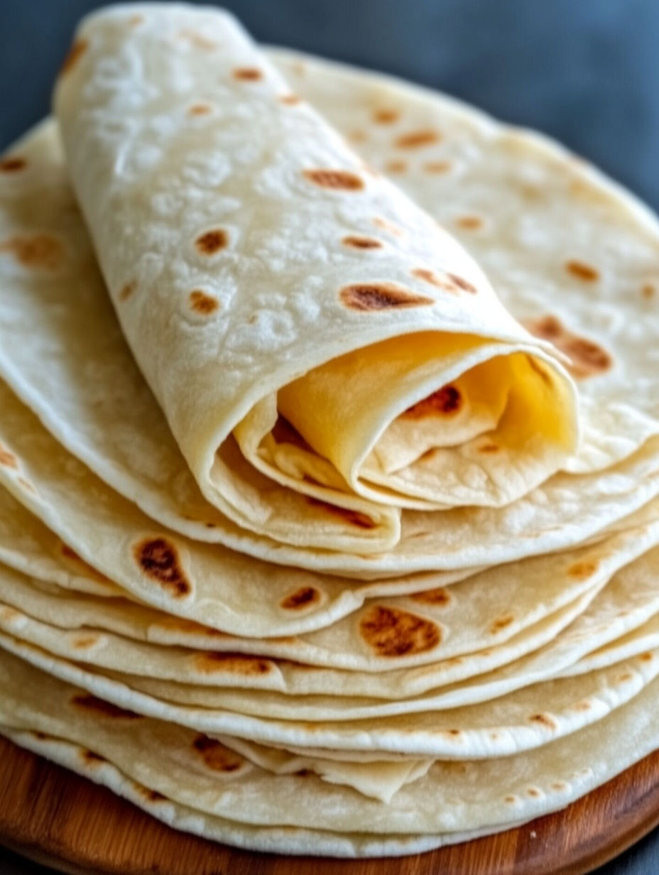 A stack of tortillas with one unrolled.