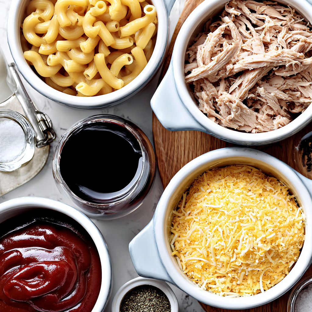A variety of foods are displayed on a table, including macaroni and cheese, meat, and other dishes.