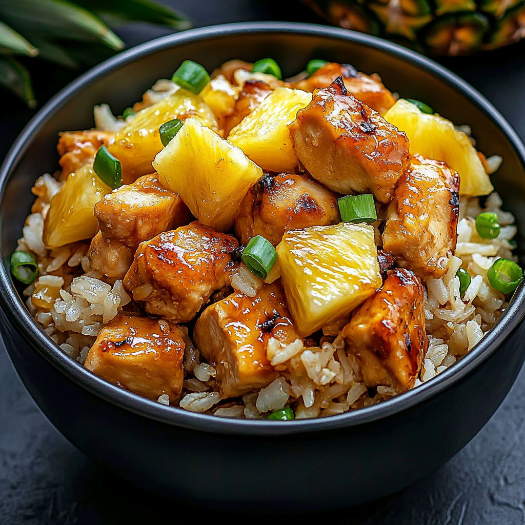 A bowl of rice with chicken and pineapple.