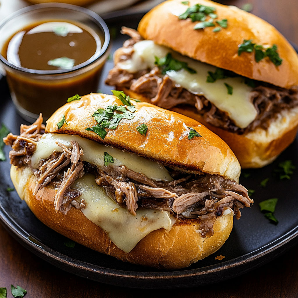 Two sandwiches with meat and cheese on a plate.