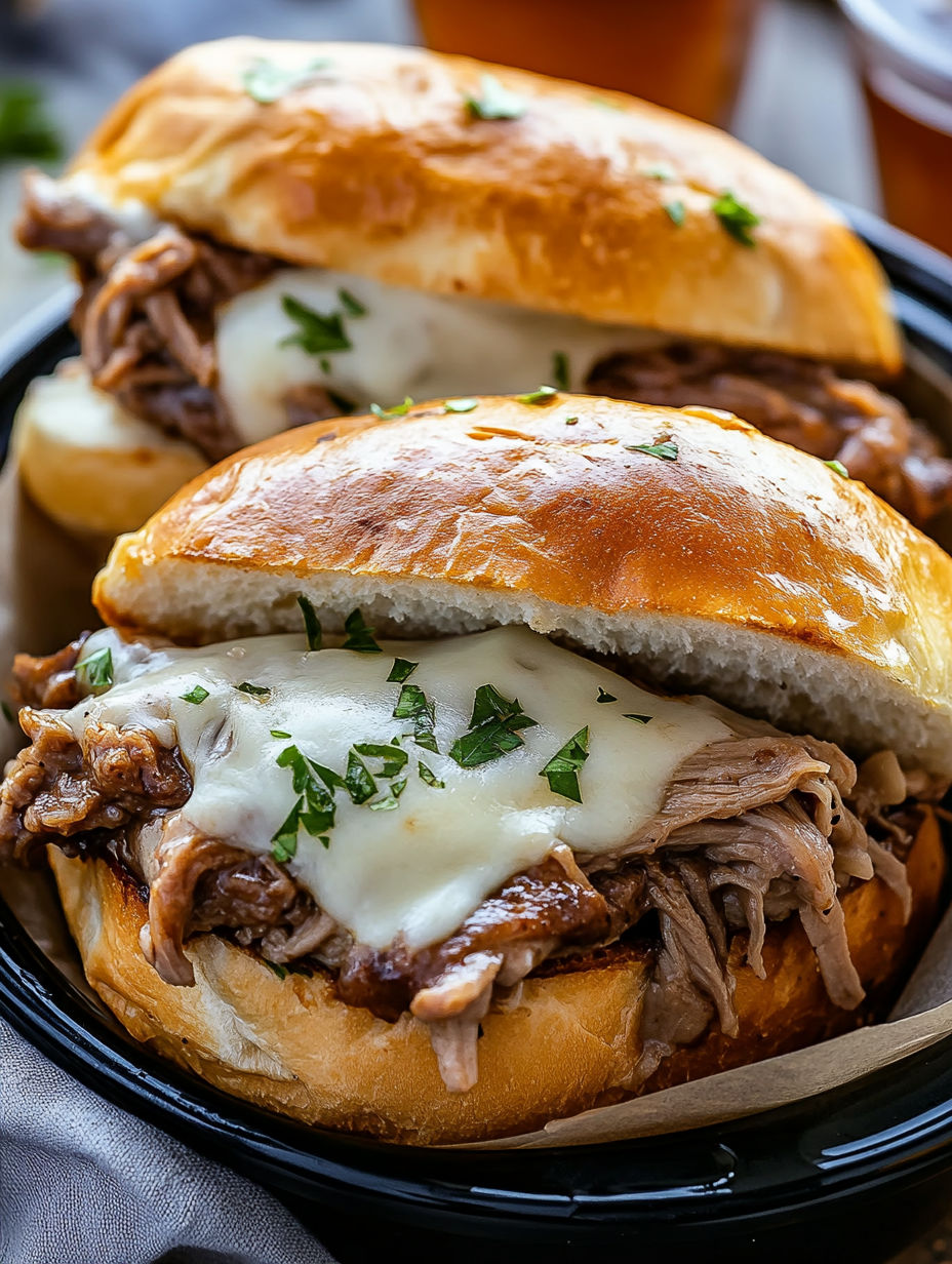 Two sandwiches with meat and cheese.