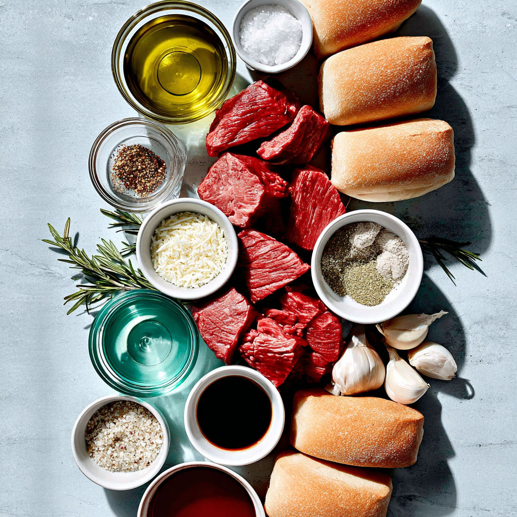A variety of foods are displayed on a table, including meat, bread, and spices.
