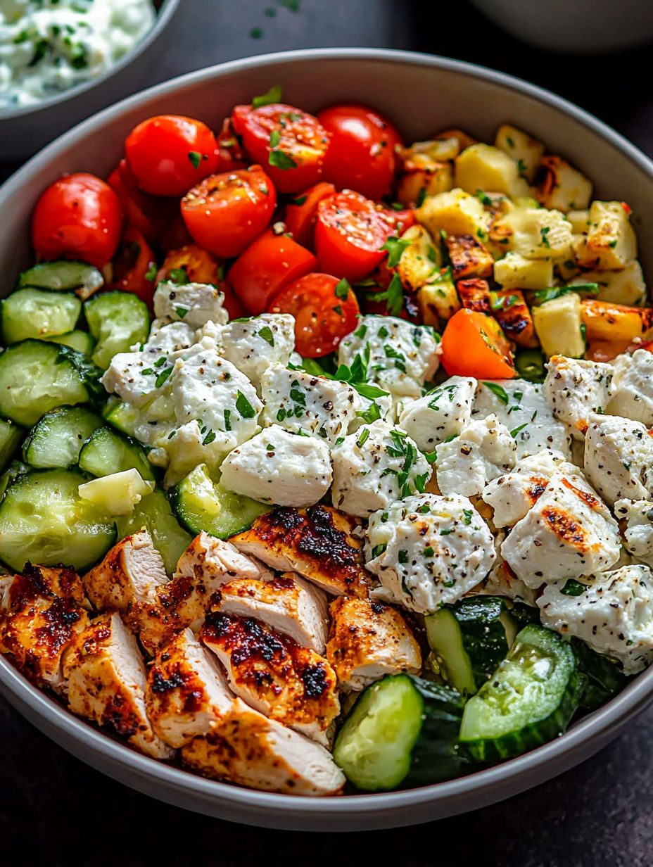 A bowl of food with chicken, tomatoes, cucumbers, and cheese.