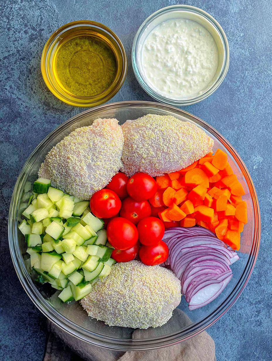 A bowl of food with tomatoes, onions, and carrots.