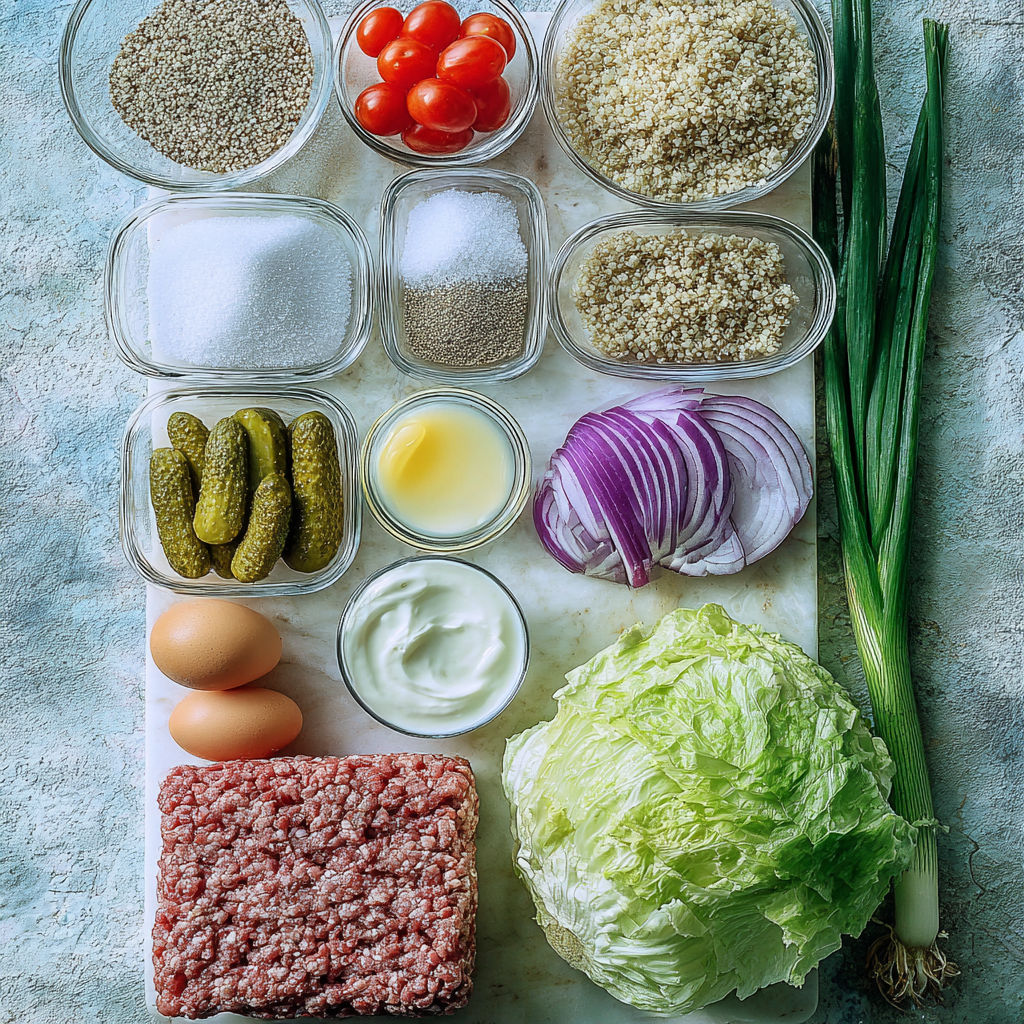 A variety of foods are displayed on a table, including meat, vegetables, and condiments.