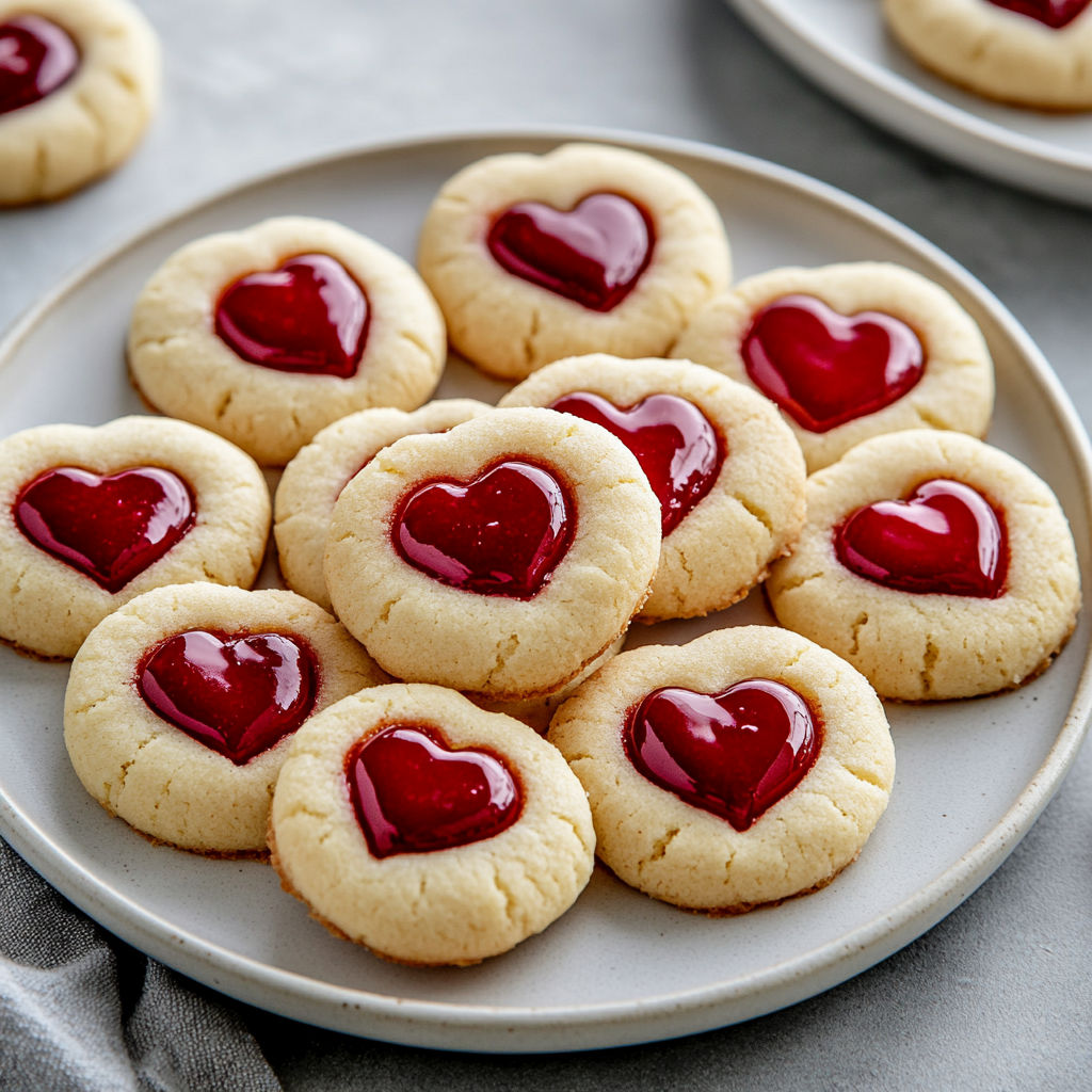 A plate of heart-shaped cookies with red jam.