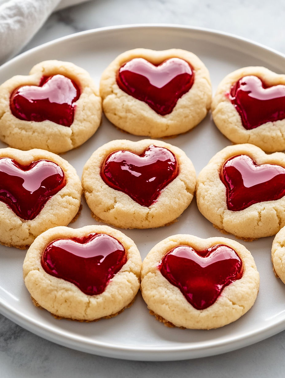 A plate of cookies with red jam in the middle.