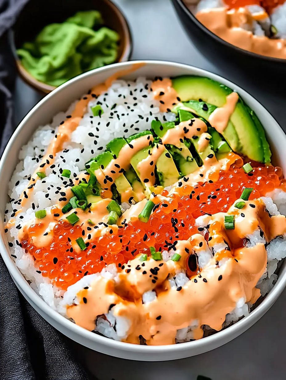 A bowl of sushi with rice, avocado, and seafood.