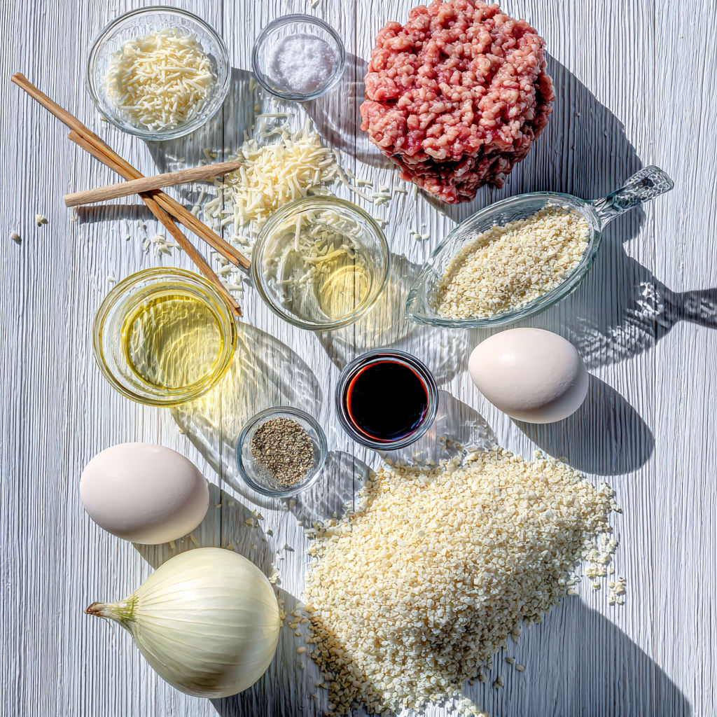 A table with various ingredients for making meatballs.