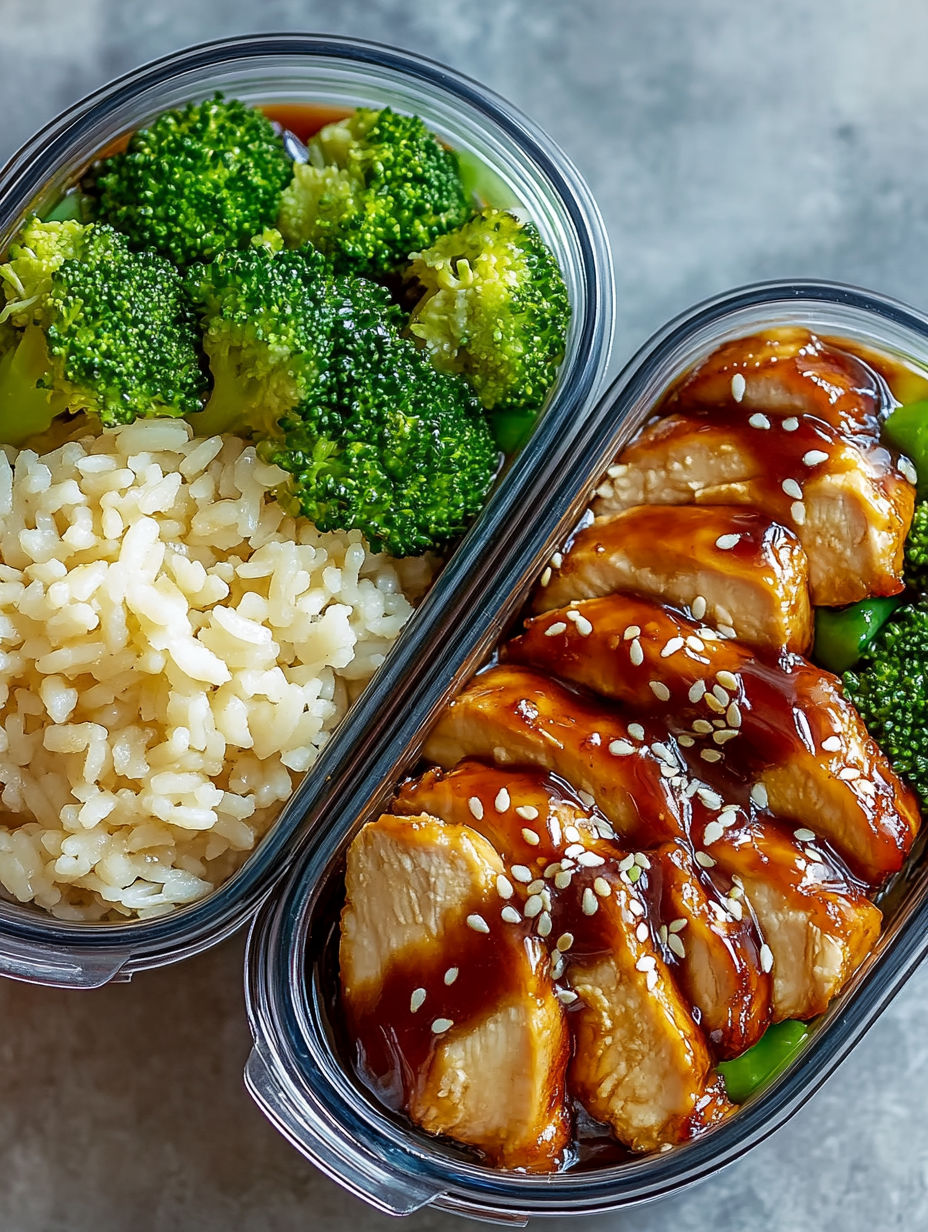 Two containers of food, one with rice and the other with broccoli and chicken.
