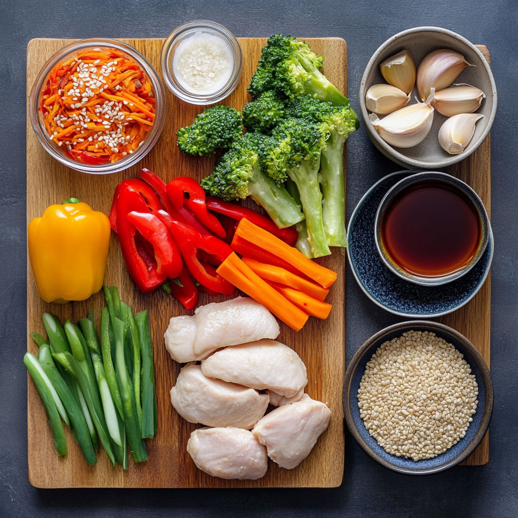 A wooden cutting board with various vegetables and meat on it.