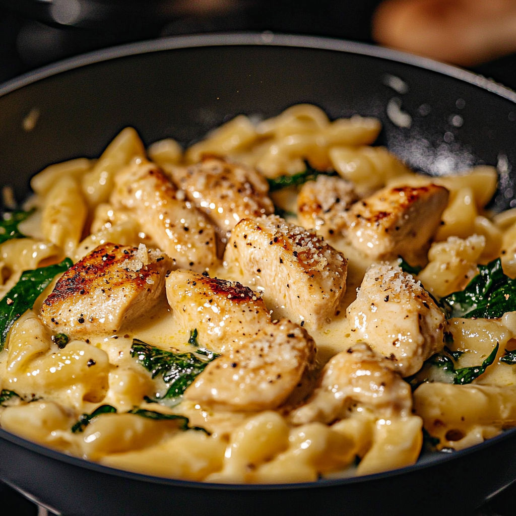 A dish of chicken and pasta.