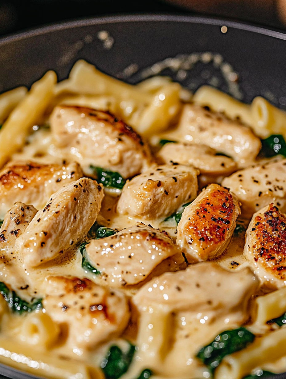 A plate of food with chicken and pasta.